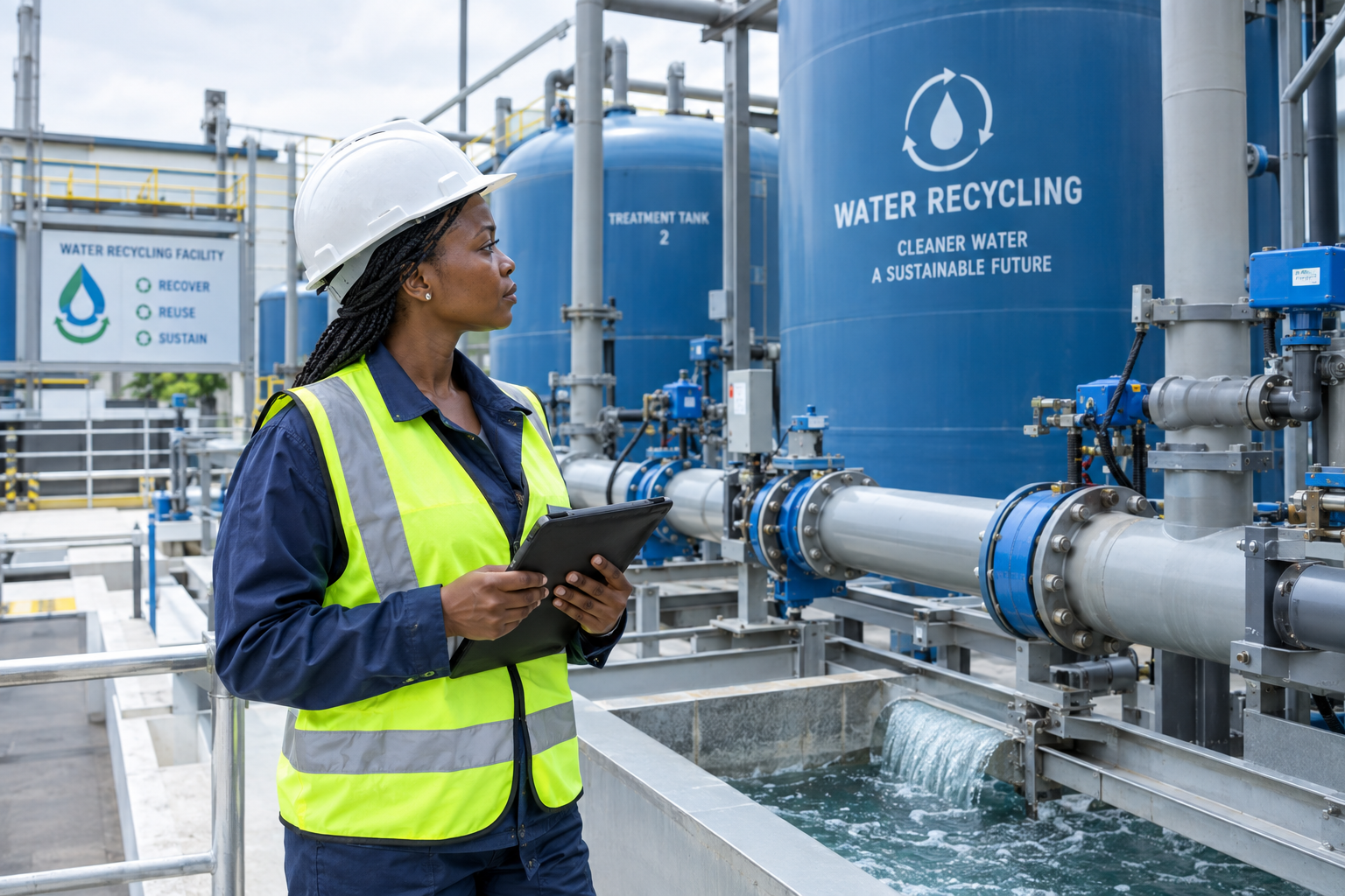 Black African worker operating solid waste recycling conveyor facility