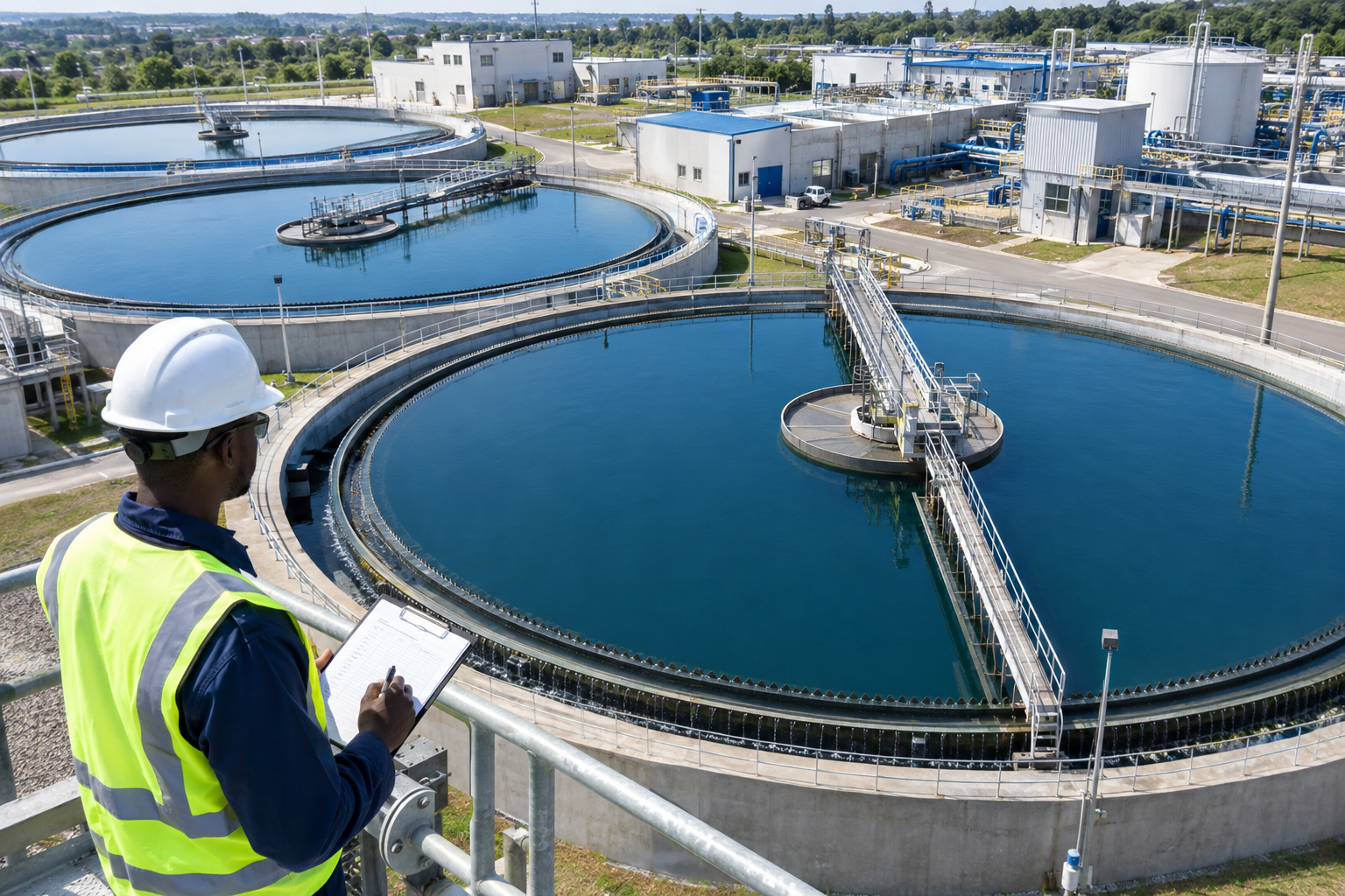 Black African engineer inspecting water treatment facility with circular clarifier tanks